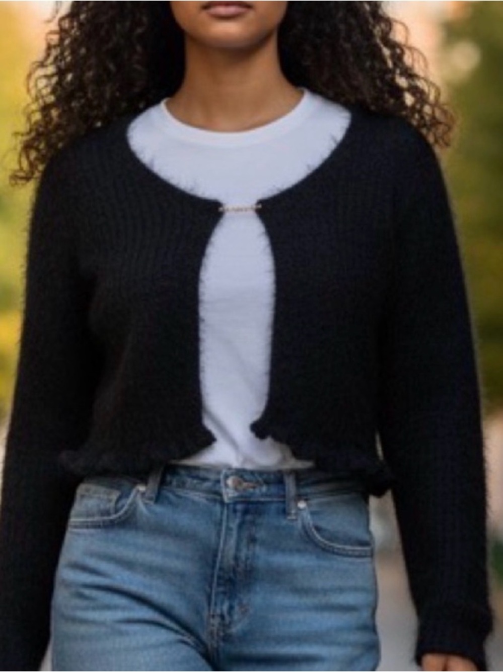Sincerely Jules Black Open-Front Fuzzy Cardigan with Gold Chain